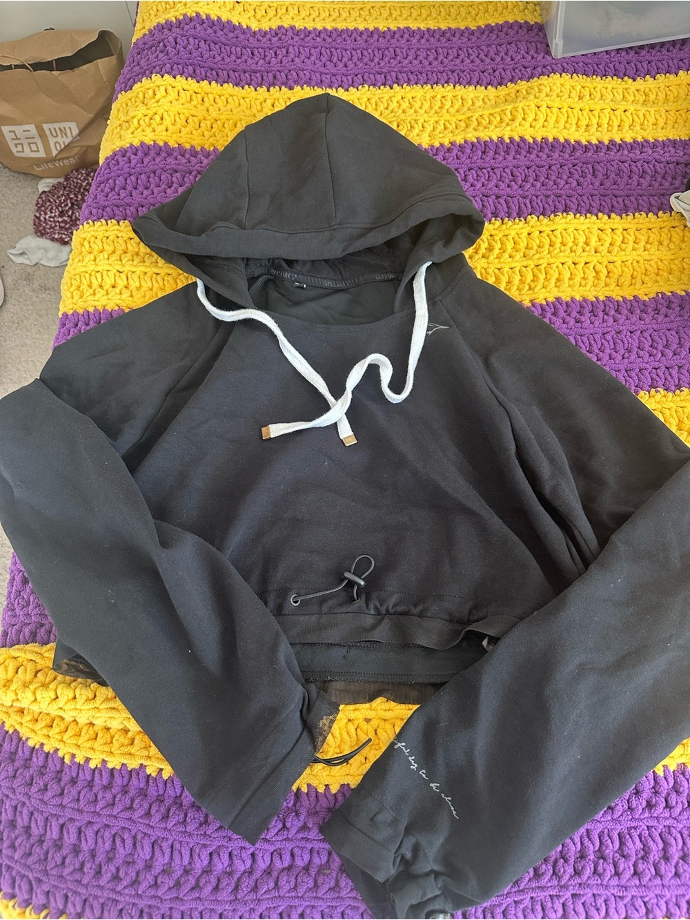 Whitney Simmons black Cropped Drawstring Hoodie with White Drawcords